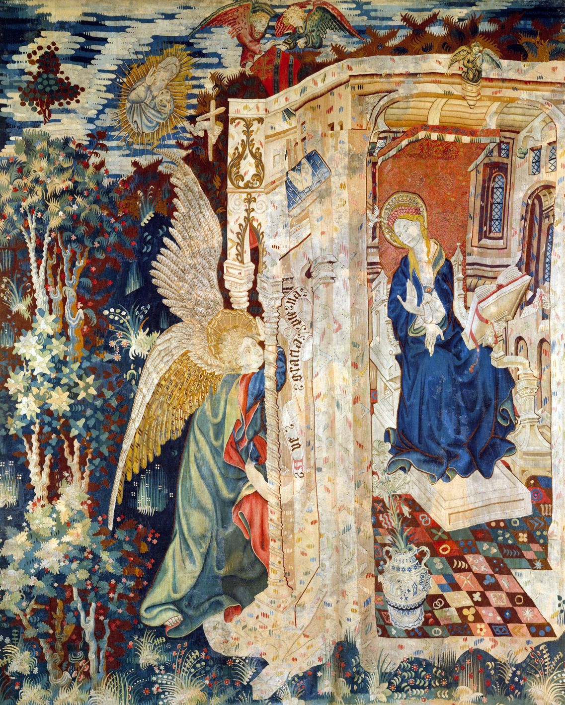 A medieval tapestry of the Annunciation