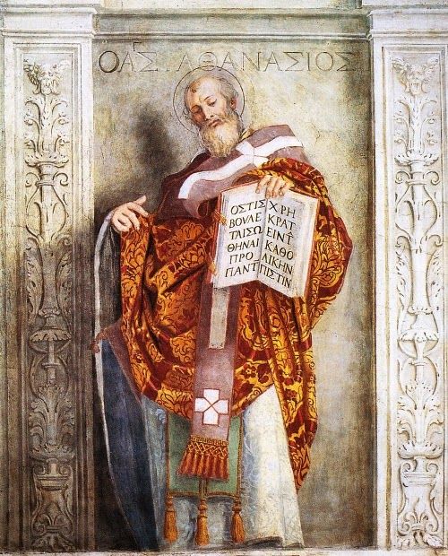 Fresco of St. Athanasius holding an open book