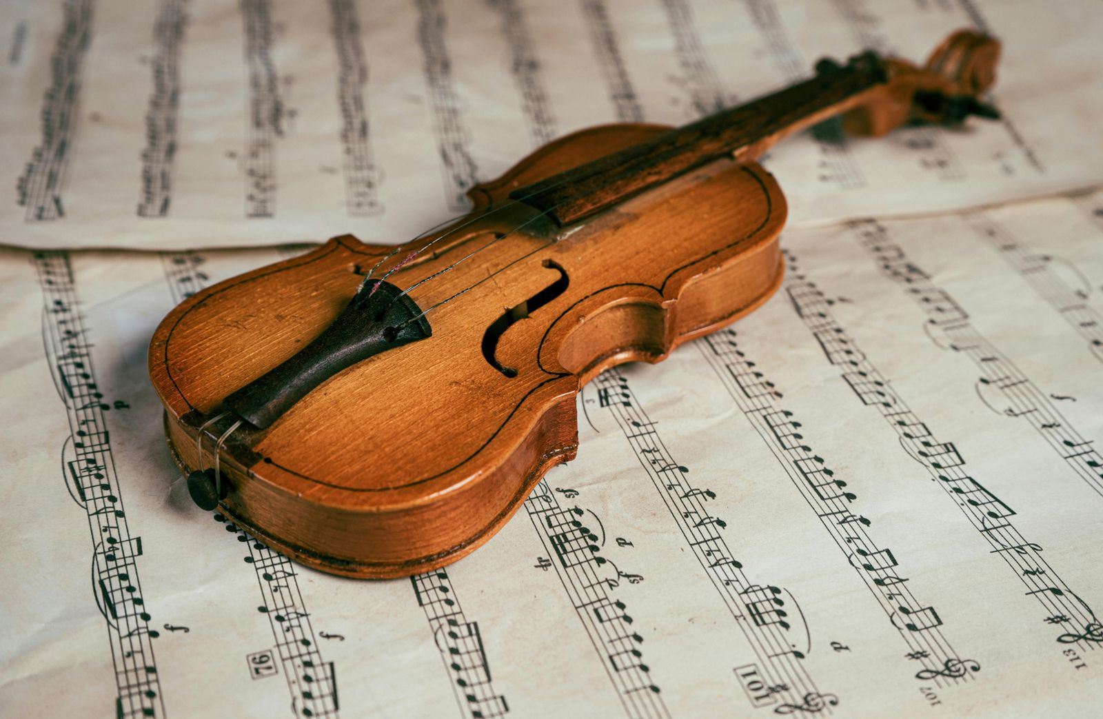 A violin resting on sheet music